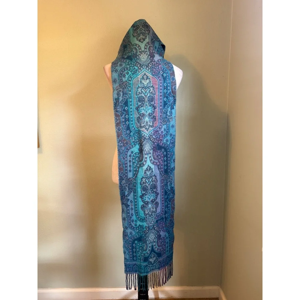 Fraas Cashmink Scarf Blue Purple Paisley Bohemian Fringe boho whimsigoth paisley - Picture 4 of 5